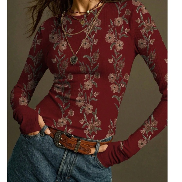 Tops - Boho Floral Print Crew Neck Long Sleeve Thumbhole Top